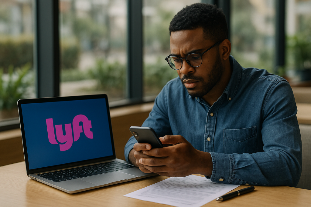 Lyft Without Phone Verification: Complete Multi-Account Guide 3 A focused Lyft driver sits at a table checking his phone beside a laptop displaying the Lyft logo, symbolizing verification and account setup.