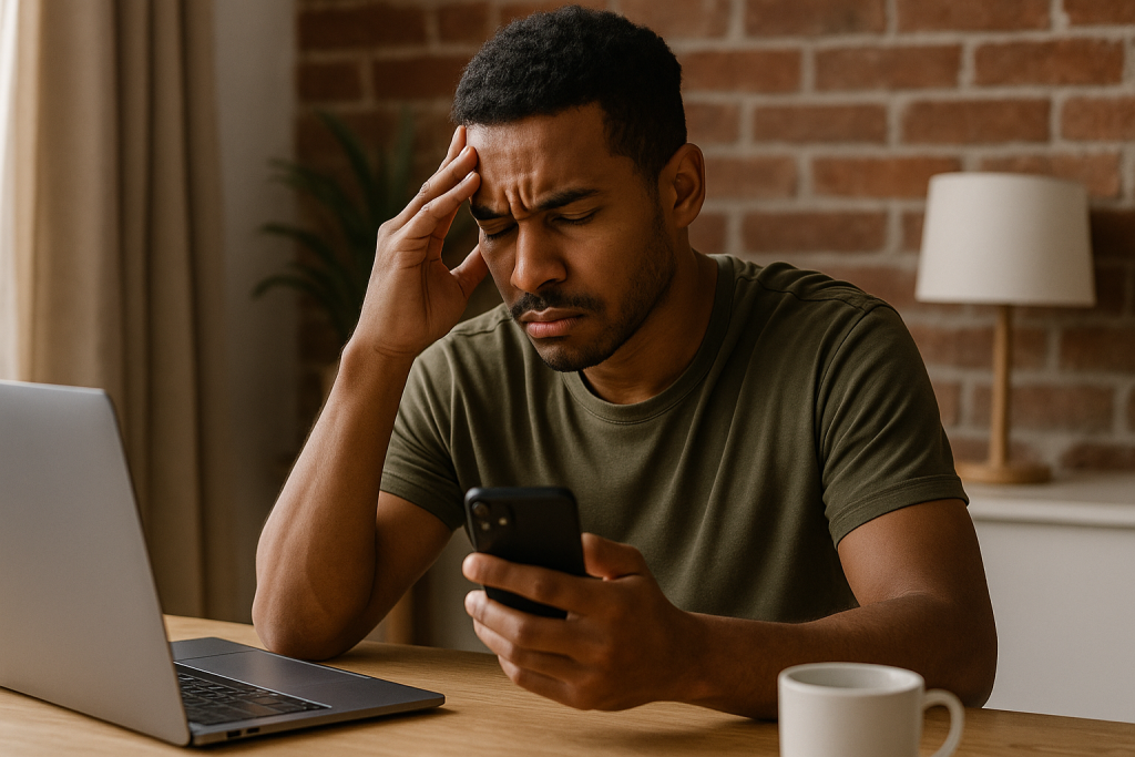 Lyft Without Phone Verification: Complete Multi-Account Guide 4 A frustrated man looks at his smartphone while holding his head, sitting beside a laptop, representing problems with phone verification.