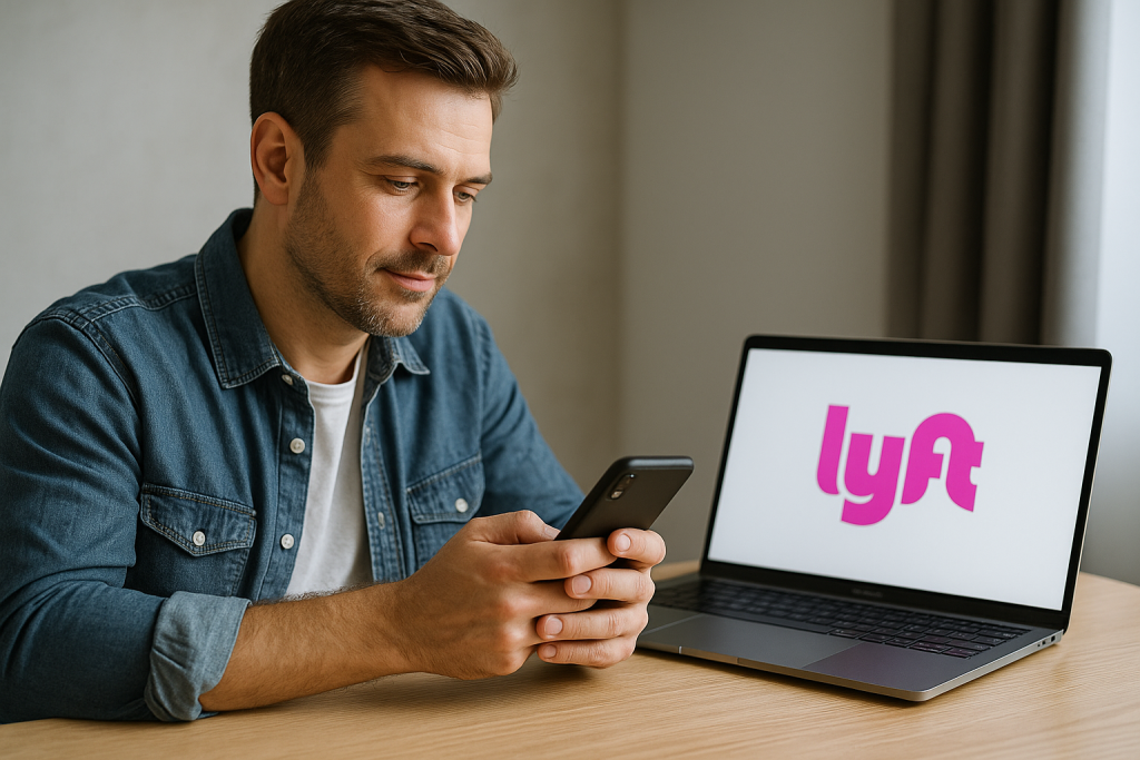 Lyft Without Phone Verification: Complete Multi-Account Guide 5 A man sits at a desk looking at his phone with a calm, resolved expression, while a laptop beside him displays the Lyft logo.
