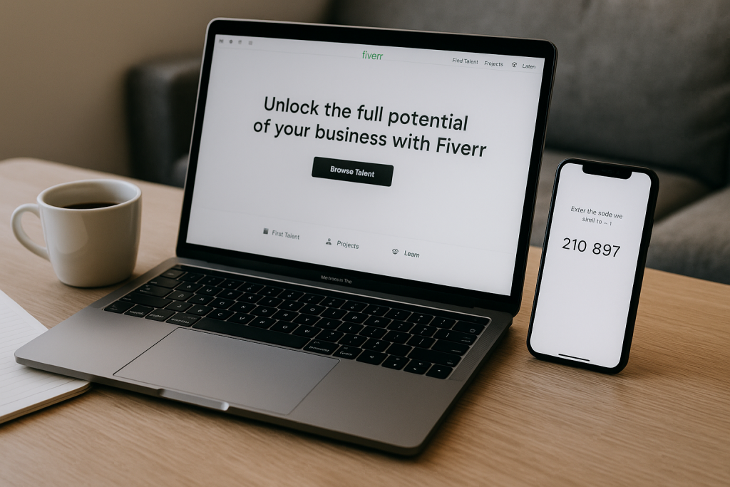 Laptop displaying Fiverr’s homepage beside a smartphone showing a verification code on a wooden desk.