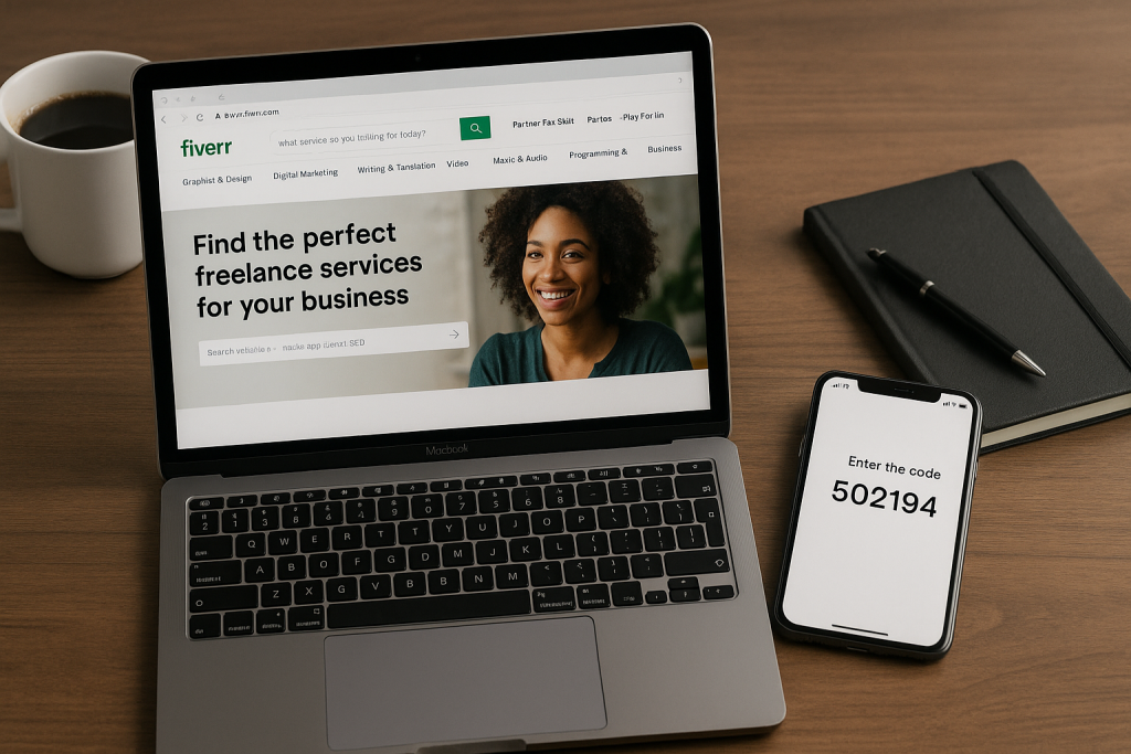 Fiverr Without Phone Verification: Safe & Legal Guide for 2025 3 Laptop displaying Fiverr homepage beside a smartphone showing a verification code on a wooden desk.