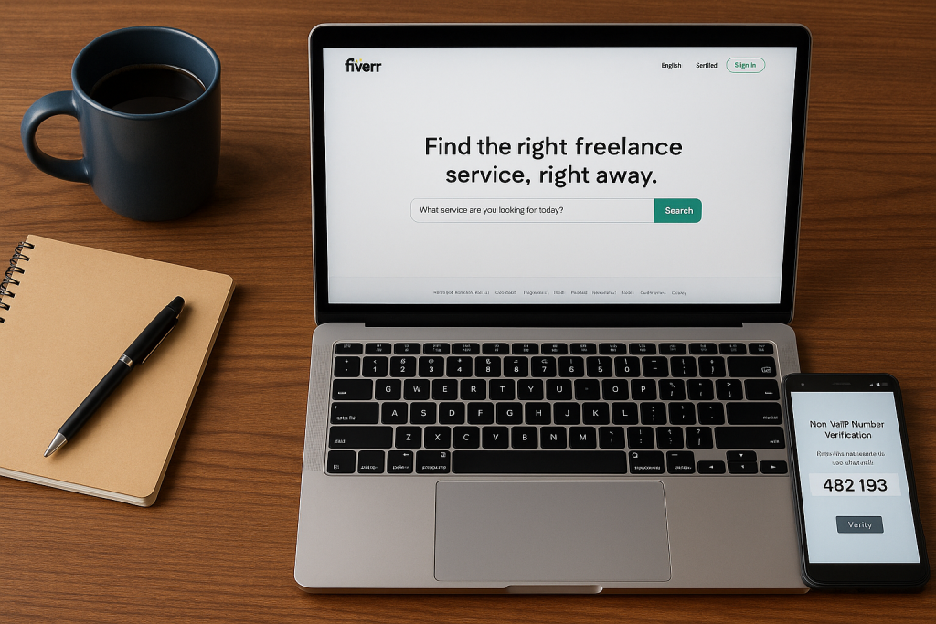 Fiverr Without Phone Verification: Safe & Legal Guide for 2025 4 Laptop displaying Fiverr homepage beside a smartphone showing a Non-VoIP verification code on a wooden desk.