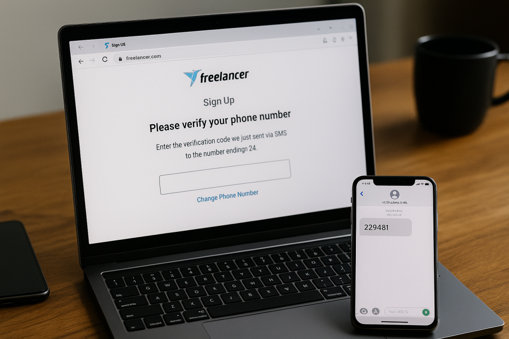 Freelancer Verification Bypass: Use Freelancer.com Without Your Personal Number 1 A laptop showing Freelancer.com’s phone verification screen beside a smartphone displaying an SMS code.