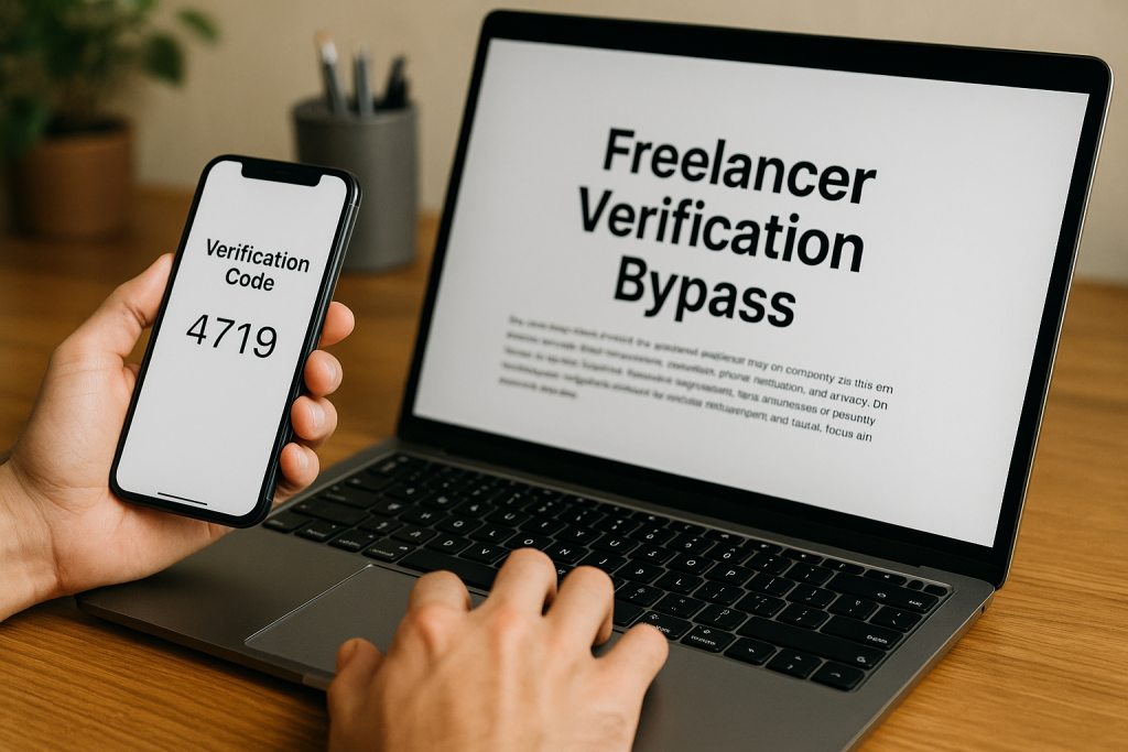 Freelancer Verification Bypass: Use Freelancer.com Without Your Personal Number 3 A person types on a laptop displaying the words “Freelancer Verification Bypass” while holding a smartphone showing an SMS verification code.