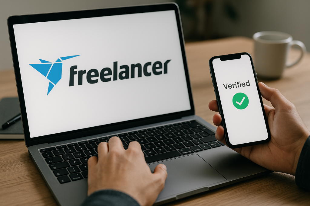Freelancer Verification Bypass: Use Freelancer.com Without Your Personal Number 5 A person uses a laptop showing the Freelancer logo and a smartphone displaying a green “Verified” checkmark.