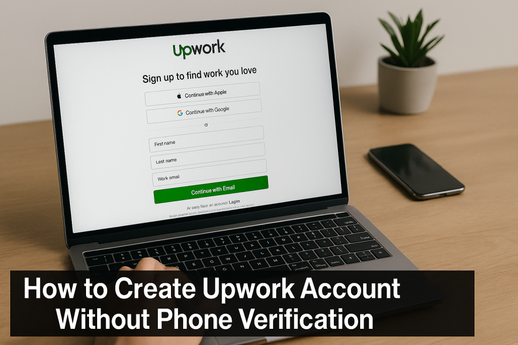 Wide-angle view of a laptop on a wooden desk showing the Upwork sign-up page with text overlay “How to Create Upwork Account Without Phone Verification.”