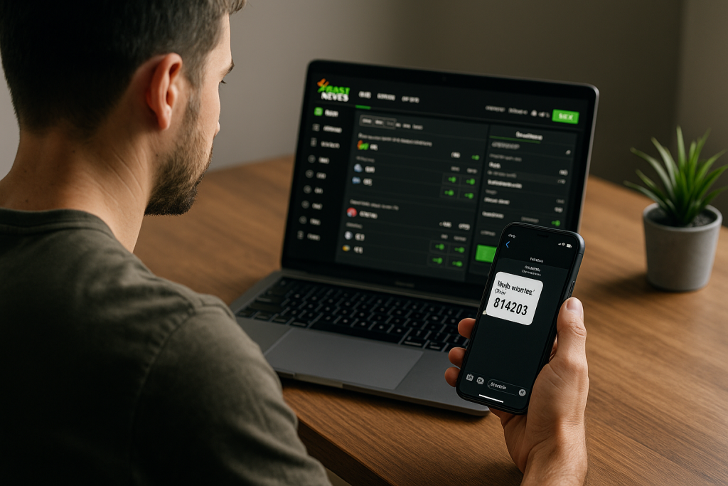 A man sitting at a desk using a sportsbook website on a laptop while holding a smartphone displaying a verification code.
