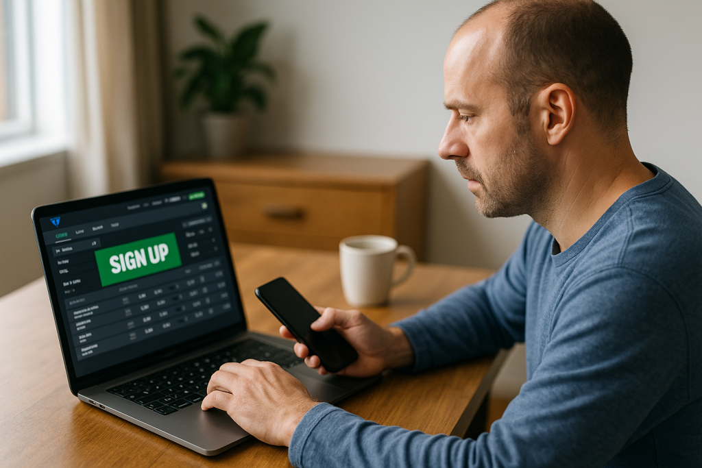 A man seated at a desk signing up for a sportsbook account on his laptop while holding his smartphone.