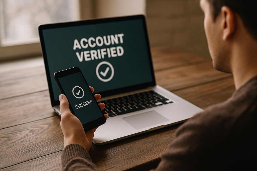 A person viewing “Account Verified” on a laptop while holding a smartphone that displays a success checkmark.