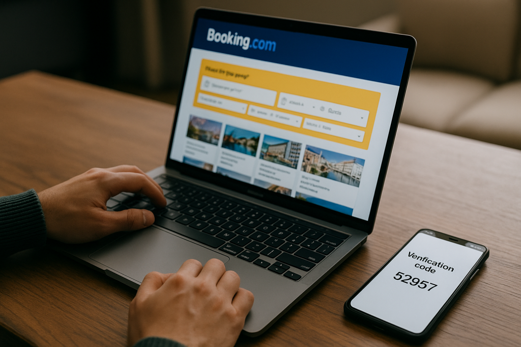 Booking.com Without Phone: Safe & Simple Method Guide 1 Photorealistic wide image of a person verifying a Booking.com account on a laptop while a smartphone next to them displays an SMS code, representing secure verification using real SIM-based numbers.