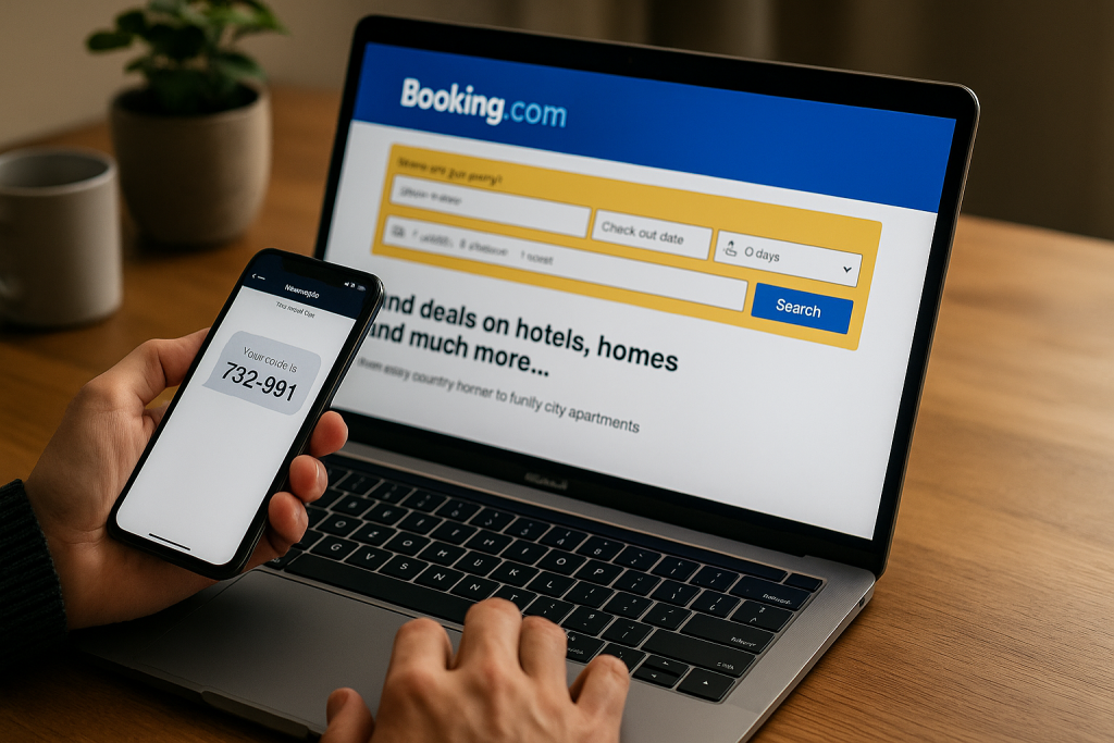 Booking.com Without Phone: Safe & Simple Method Guide 3 Photorealistic wide image of a person using a laptop to browse Booking.com while holding a smartphone showing an SMS verification code.