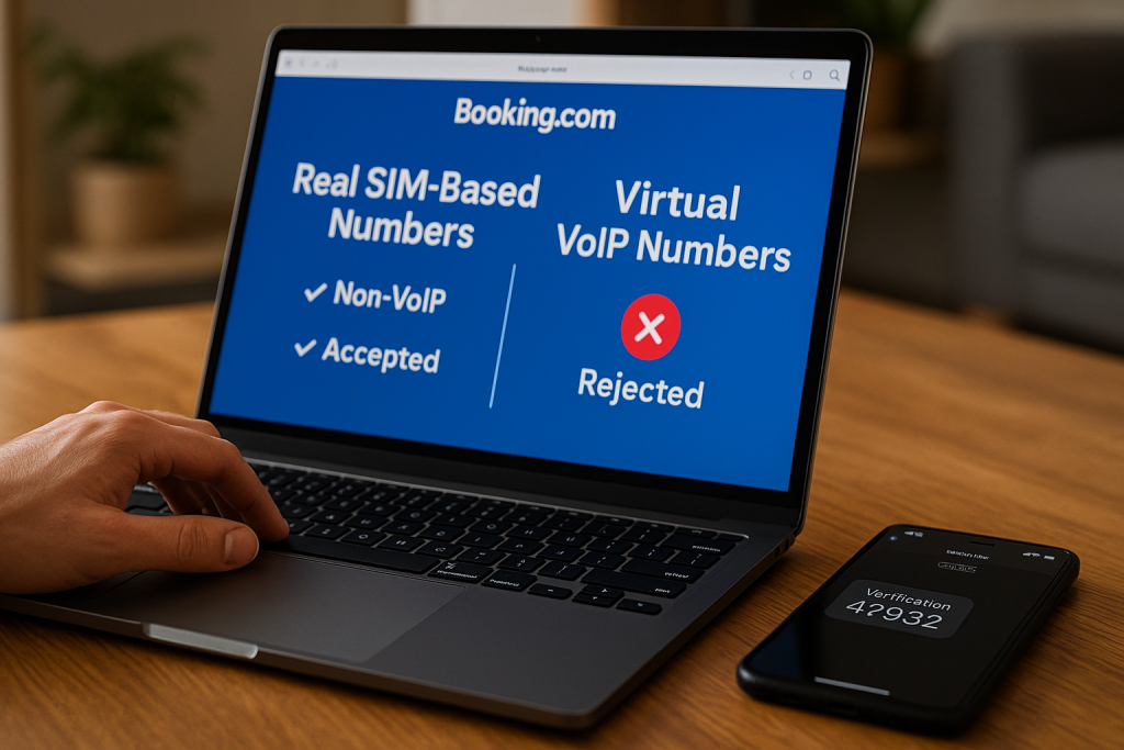 Booking.com Without Phone: Safe & Simple Method Guide 4 Photorealistic wide image showing a person comparing real SIM-based phone numbers and virtual numbers on a laptop, symbolizing MobileSMS.io’s Non-VoIP solution for secure Booking.com verification.