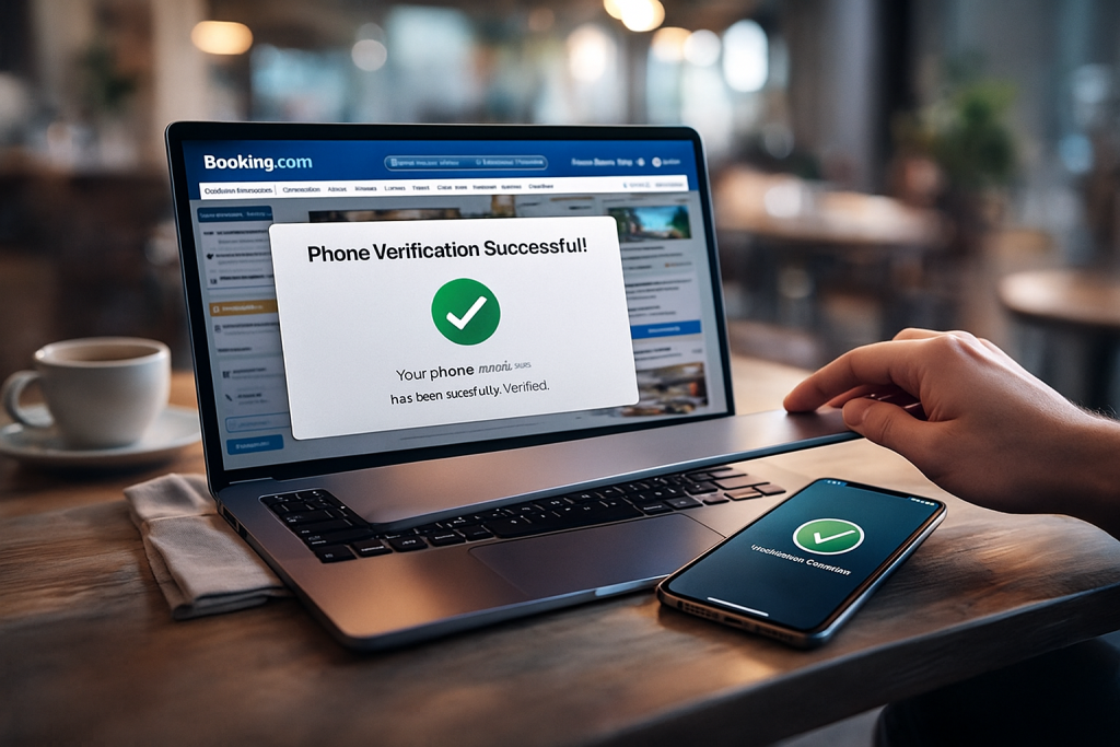 Booking.com Without Phone: Safe & Simple Method Guide 5 Photorealistic wide image of a person closing their laptop after successfully completing Booking.com SMS verification, with a smartphone beside them showing a completed verification checkmark.