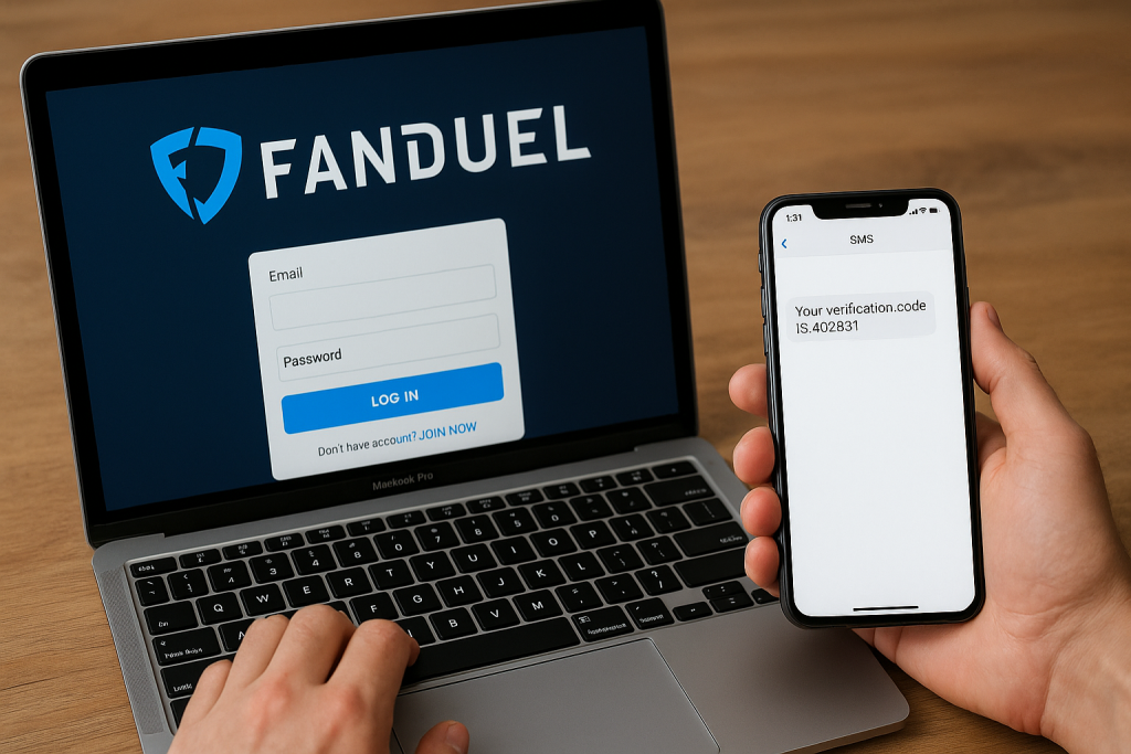 How to Use FanDuel Without Your Phone Number (Safe & Legal Guide) 1 Person using FanDuel on a laptop with a verification code displayed on a smartphone.