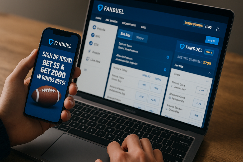 How to Use FanDuel Without Your Phone Number (Safe & Legal Guide) 3 User browsing FanDuel betting options on a laptop while holding a smartphone displaying FanDuel promotions.