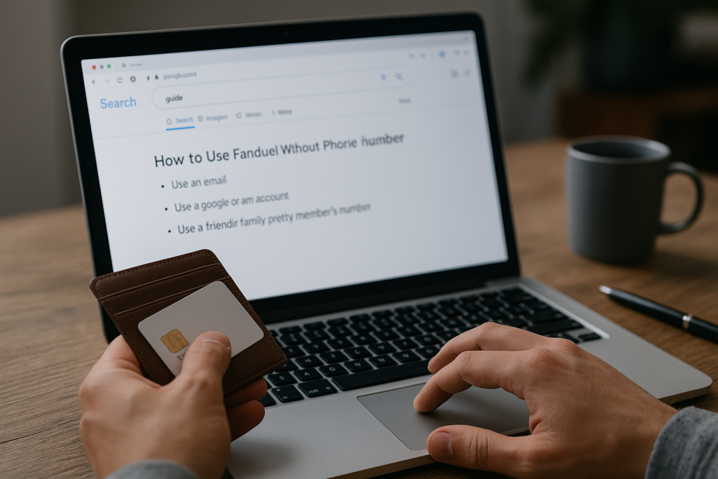How to Use FanDuel Without Your Phone Number (Safe & Legal Guide) 4 Person researching alternative FanDuel verification methods on a laptop while holding a wallet.