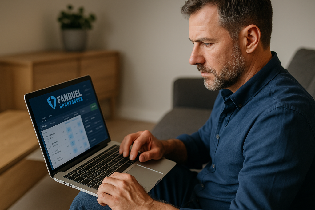 How to Use FanDuel Without Your Phone Number (Safe & Legal Guide) 5 Man sitting on a sofa using a laptop to browse FanDuel sportsbook options.